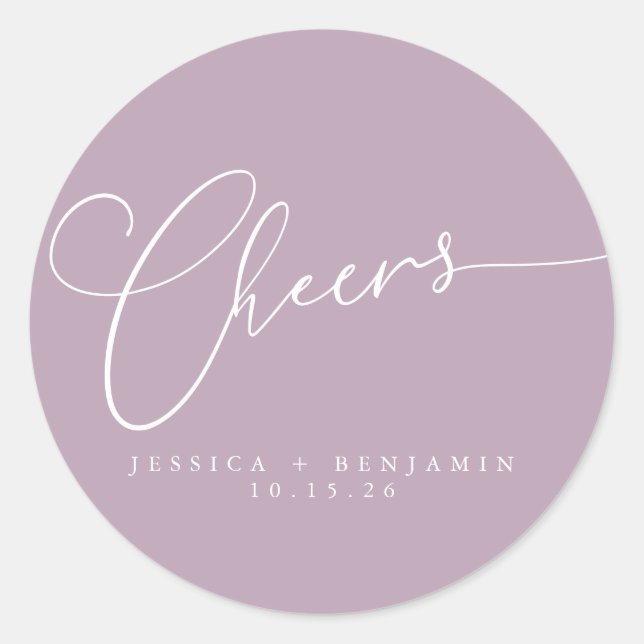 Cheers Minimalist Lilac Script Custom Wedding Classic Round Sticker (Front)