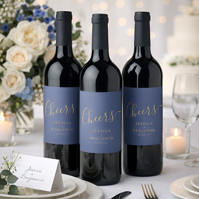 Cheers Minimalist Navy Blue Gold Custom Wedding Wine Label (Creator Uploaded)