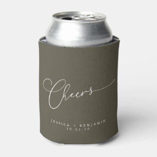 Cheers Minimalist Olive Script Custom Wedding Can Cooler