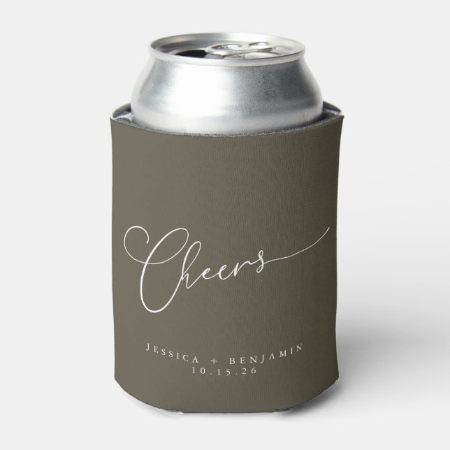 Cheers Minimalist Olive Script Custom Wedding Can Cooler (Can Front)