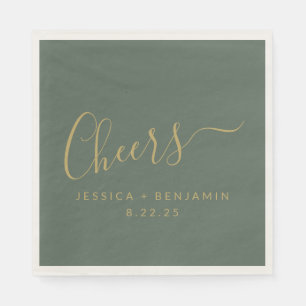 Cheers Minimalist Sage Green Gold Custom Wedding Napkin