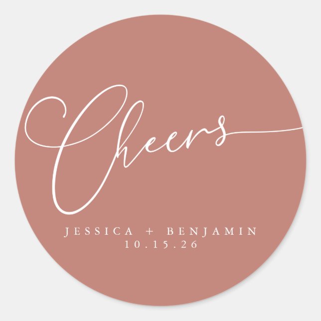 Cheers Minimalist Terracotta Script Custom Wedding Classic Round Sticker (Front)