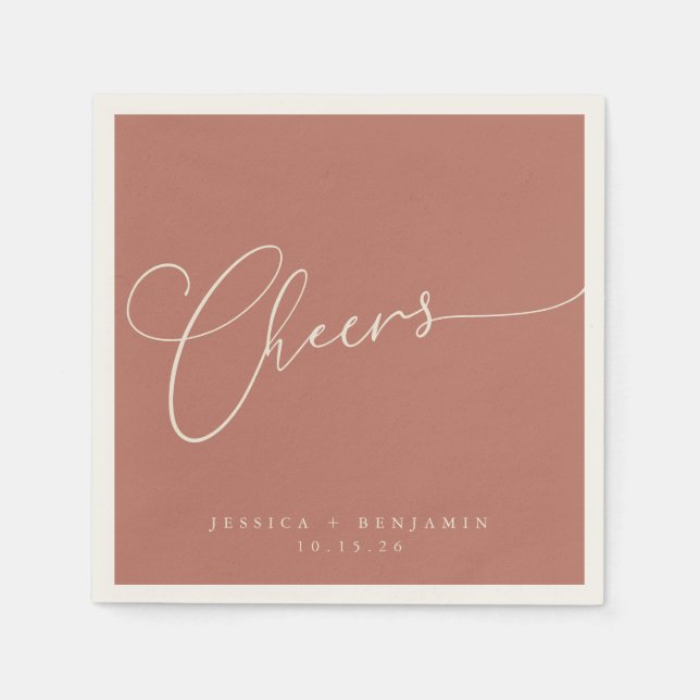Cheers Minimalist Terracotta Script Custom Wedding Napkin (Front)