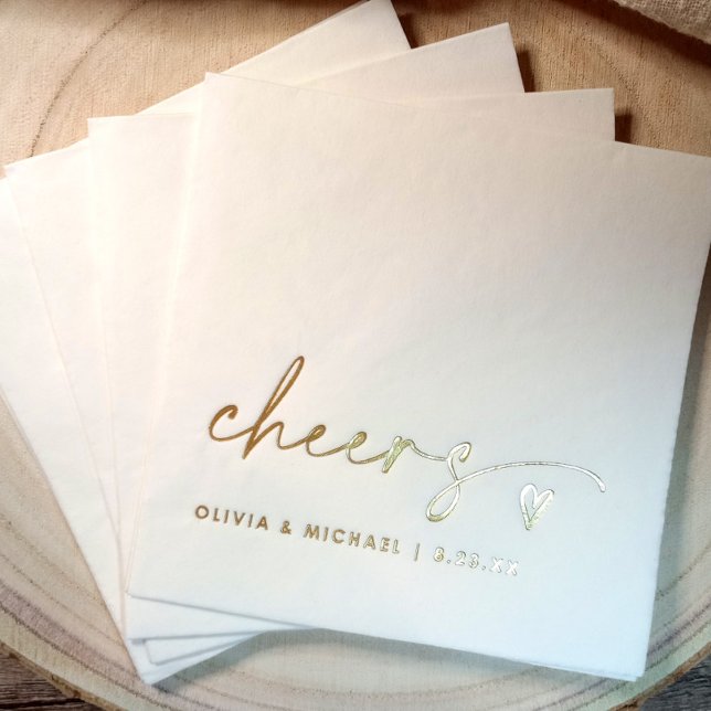 Cheers Modern Bride and Groom Wedding Gold (Elegant handwriting personalized cheers wedding napkins in gold foil)