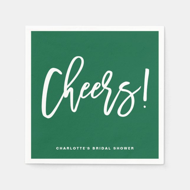 Cheers Modern Calligraphy Green Wedding Napkin (Front)