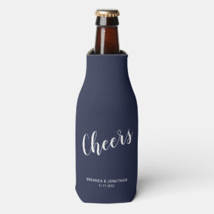 "Cheers" Modern Script Navy Blue Bottle Cooler