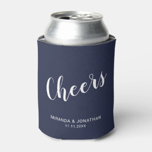 "Cheers" Modern Script Navy Blue Can Cooler