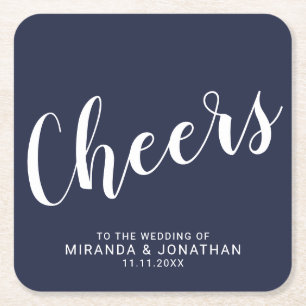 'Cheers' Modern Script Navy Blue Wedding Square Paper Coaster