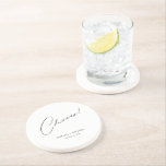 Cheers Modern Unique Personalized Custom Wedding Coaster<br><div class="desc">Looking for a unique and personalized wedding favour that your guests will love? Look no further than these Cheers Modern Unique Personalized Custom Wedding Sandstone Coasters! With a simple yet stylish design featuring the word "Cheers" in a modern, calligraphy script font, these coasters are perfect for any wedding, bridal shower,...</div>