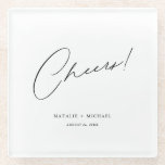 Cheers Modern Unique Personalized Custom Wedding Glass Coaster<br><div class="desc">Looking for a unique and personalized wedding favour that your guests will love? Look no further than these Cheers Modern Unique Personalized Custom Wedding Glass Coasters! With a simple yet stylish design featuring the word "Cheers" in a modern, calligraphy script font, these coasters are perfect for any wedding, bridal shower,...</div>