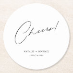 Cheers Modern Unique Personalized Custom Wedding Round Paper Coaster<br><div class="desc">Looking for a unique and personalized wedding favour that your guests will love? Look no further than these Cheers Modern Unique Personalized Custom Wedding Round Paper Coasters! With a simple yet stylish design featuring the word "Cheers" in a modern, calligraphy script font, these coasters are perfect for any wedding, bridal...</div>