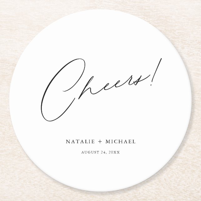Cheers Modern Unique Personalized Custom Wedding Round Paper Coaster (Front)