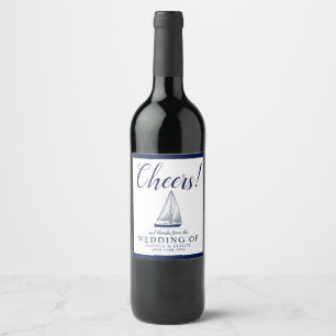 Cheers! Nautical Sailboat Wedding Customized Navy Wine Label