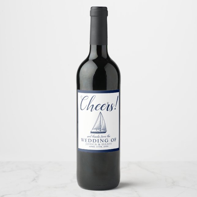 Cheers! Nautical Sailboat Wedding Customized Navy Wine Label (Front)