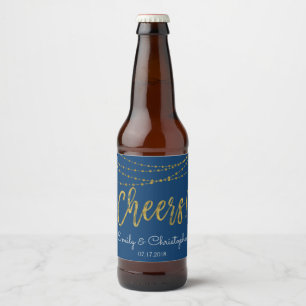 Cheers Navy Blue and Gold Foil String Lights Beer Bottle Label