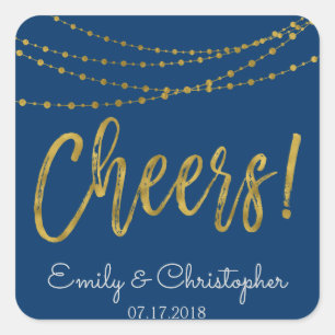 Cheers Navy Blue and Gold Foil String Lights Square Sticker