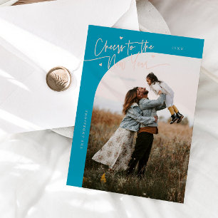 Cheers New Year Aqua Blue Curved Frame Photo Holiday Card