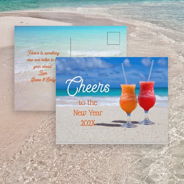 Cheers New Year Greeting Drinks on Beach Postcard (Creator Uploaded)