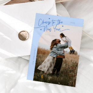 Cheers New Year Icy Blue Curved Frame Photo Holiday Card