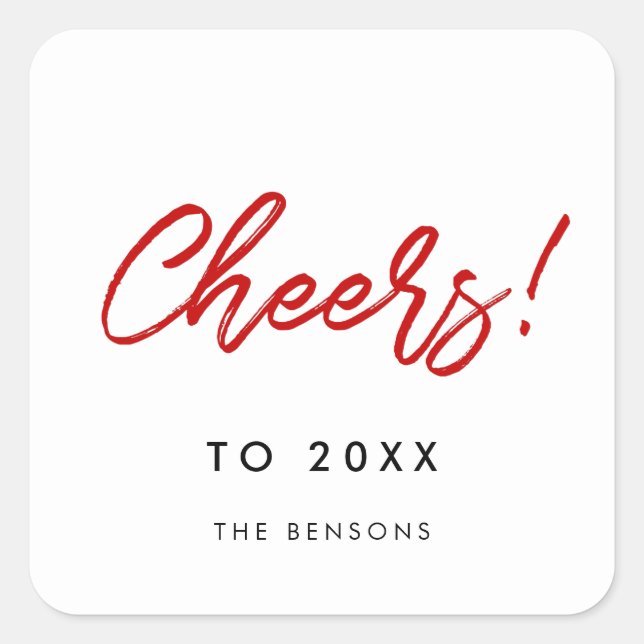Cheers New Year red and white modern typography Square Sticker (Front)