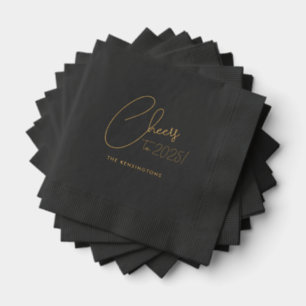 Cheers New Year's Custom Name Black Gold Foil Napkins