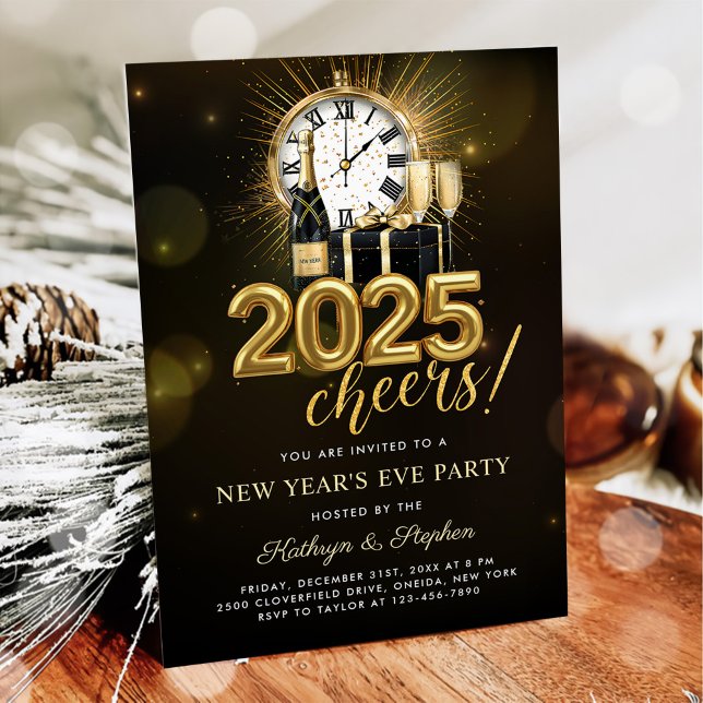 Cheers New Years Eve Party 2025 Gold Champagne  Invitation (Creator Uploaded)