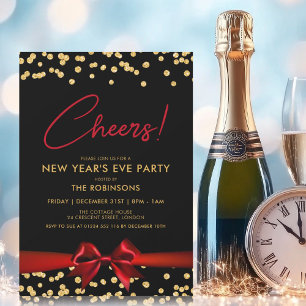 CHEERS! New Years Eve Party Gold Confetti Red Bow Invitation