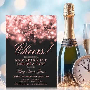 CHEERS! New Years Eve Rose Gold Sparkle Lights Invitation