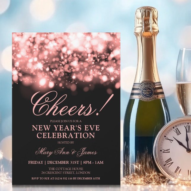 CHEERS! New Years Eve Rose Gold Sparkle Lights Invitation (CHEERS! New Years Eve Rose Gold Sparkle Lights Invitation)