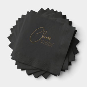 Cheers New Year's Party Modern Script Black Gold Foil Napkins