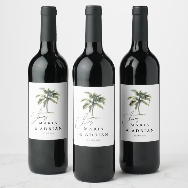 Cheers! Palm Tree Tropical Beach Wedding Wine Label (Bottles)