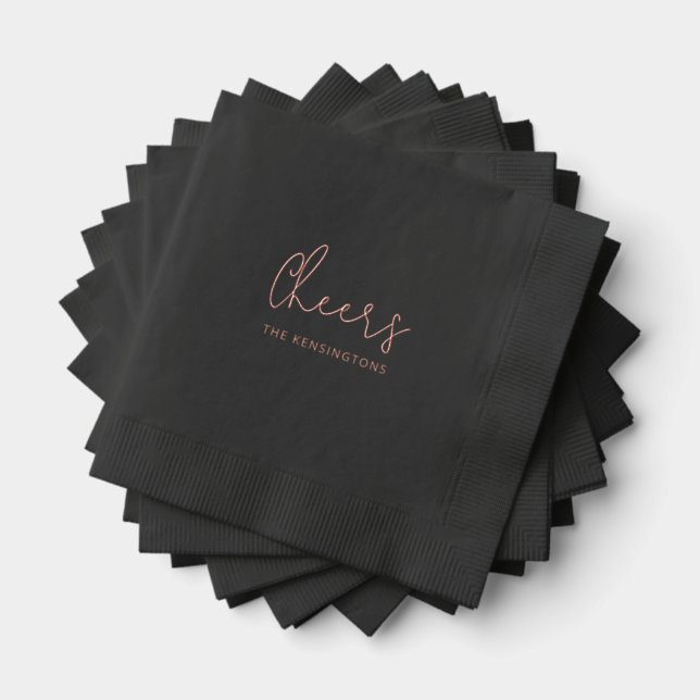 Cheers Personalized Name Modern Black Wedding Foil Napkins (Insitu (Stacked))