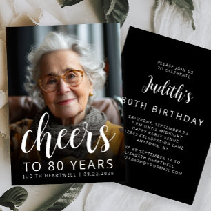 Cheers Photo 80th Birthday Party White Script Invitation