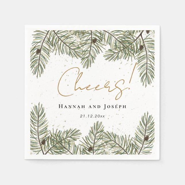 Cheers Pine & Gold Christmas Festive Wedding Napkin (Front)
