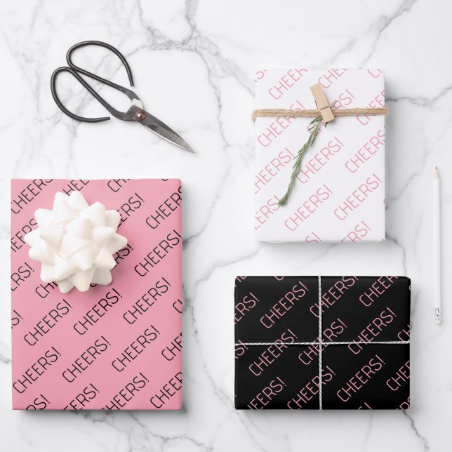Cheers Pink White Black Wrapping Paper (Front)