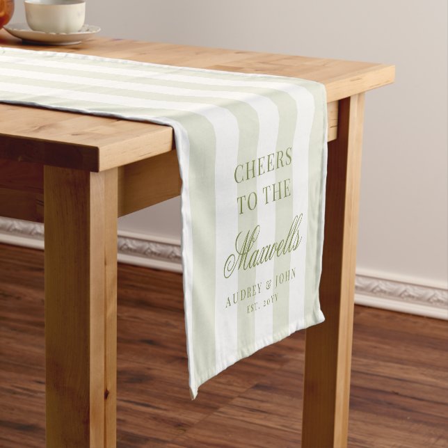 Cheers Retro Green White Stripes Script Wedding Short Table Runner (In Situ)
