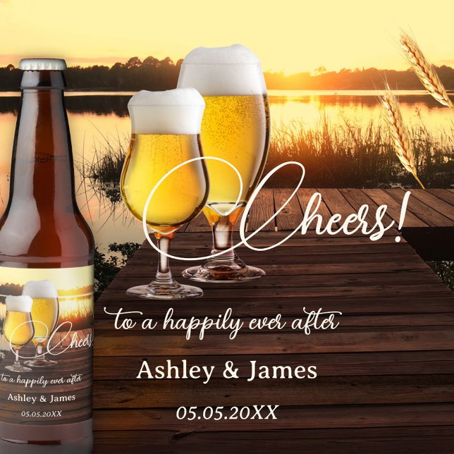 Cheers Romantic Sunset Happily Ever After Wedding Beer Bottle Label (Creator Uploaded)
