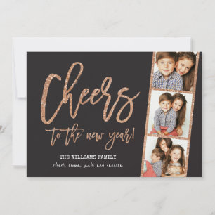 Cheers Rose Gold Glitter 3-Photo Filmstrip Holiday Card
