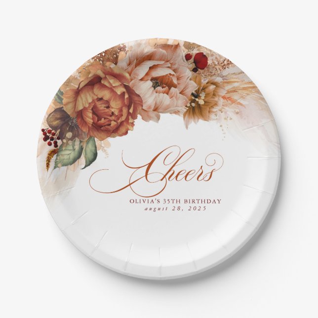 Cheers Rust Terracotta Floral Pampas Grass Paper Plate (Front)