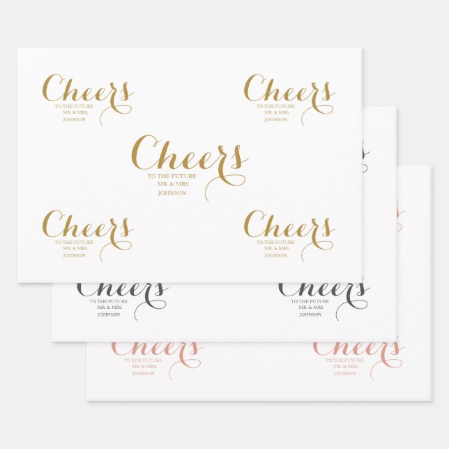 Cheers Script Colour Pink Gold Grey Wedding Wrapping Paper Sheet (Set)