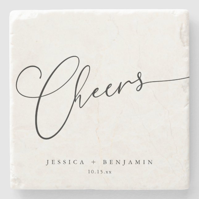 Cheers Script Couple Names Date Wedding Keepsake Stone Coaster (Front)