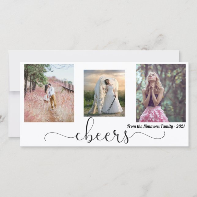 Cheers Script Happy New Year Family Photo Collage Holiday Card (Front)