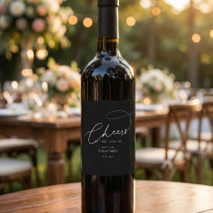 Cheers Script Typography Black Wedding Wine Label