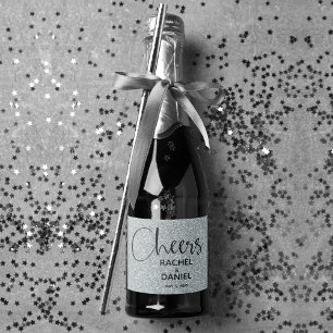 Cheers SILVER Faux Glitter Wedding Mini Sparkling Wine Label