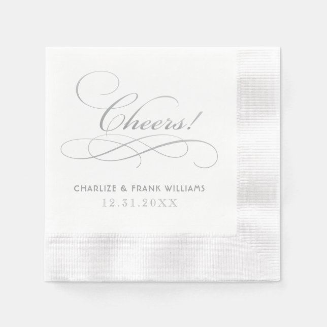 Cheers Silver Grey Calligraphy Custom Wedding Napkin (Front)