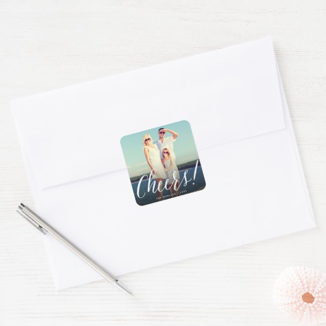 Cheers Simple Script Calligraphy New Year Photo Square Sticker (Envelope)