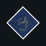 Cheers Sixty Modern Navy Blue 60th Birthday Party Napkin<br><div class="desc">This custom paper napkin will add stylish detail to your 60th birthday celebration. This 60th birthday napkin design features simple chic gold lettering "Sixty" with custom text on a navy blue. Matching invitations and party supplies are available in my shop BaraBomDesign.</div>