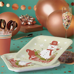 Cheers Snowman with Wine and Sled Christmas Party Paper Plate