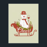 Cheers Snowman with Wine and Sled Christmas  Postcard<br><div class="desc">Christmas Snowman Holding Wine Postcard</div>