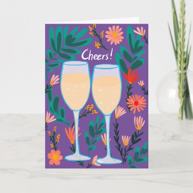 Cheers! Sparkling Wine Champagne Flowers Congrats  Card (Front)